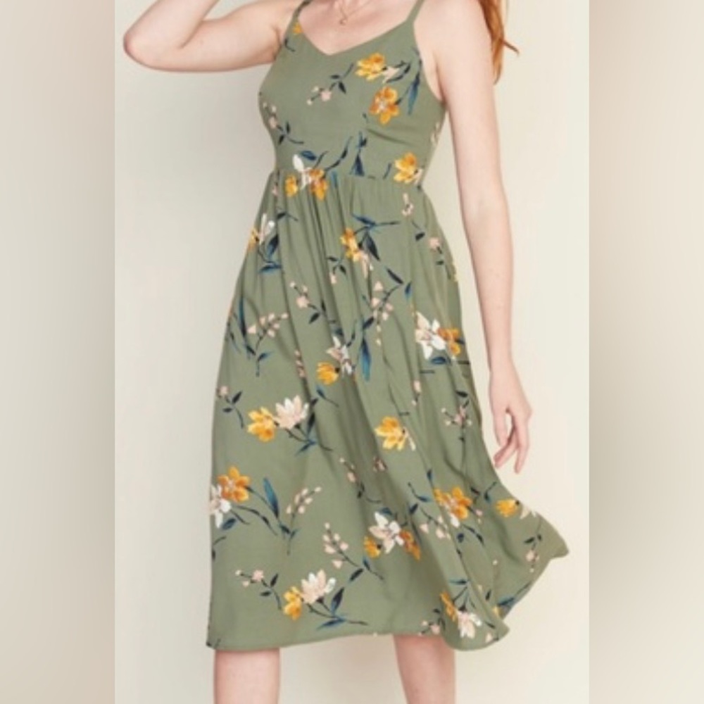Navy Floral-Olive Green Cami Midi Dress